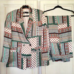 Zara Lightweight Patchwork Mosaic Tile Print Suit, Size Large, EUC